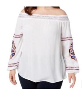 INC International Concepts White Off-Shoulder Embroidered Peasant Top 1X